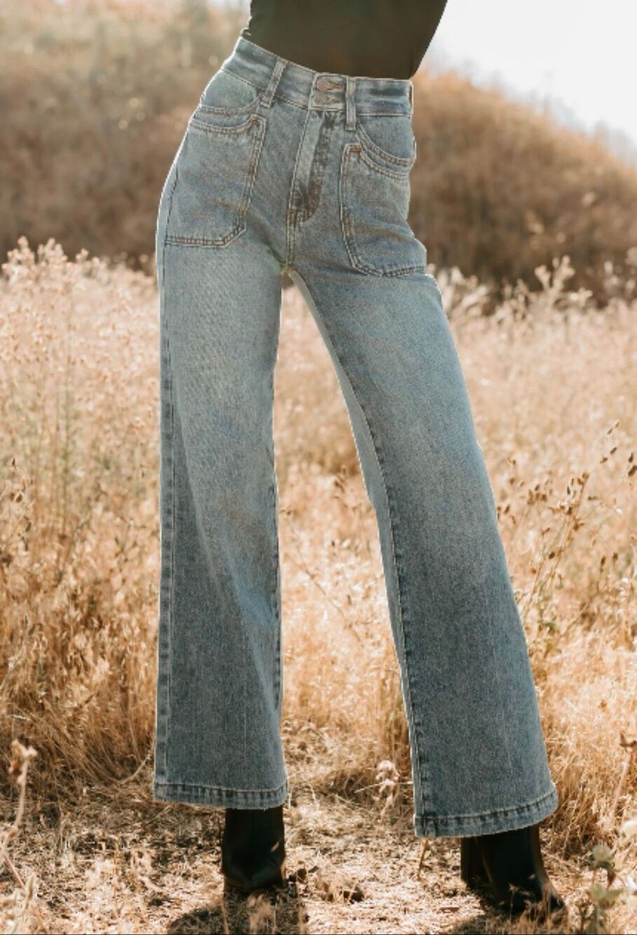 Saige Denim Tummy Control High Rise Wide Leg Jeans Patch Pocket Medium Wash NEW - Picture 4 of 8